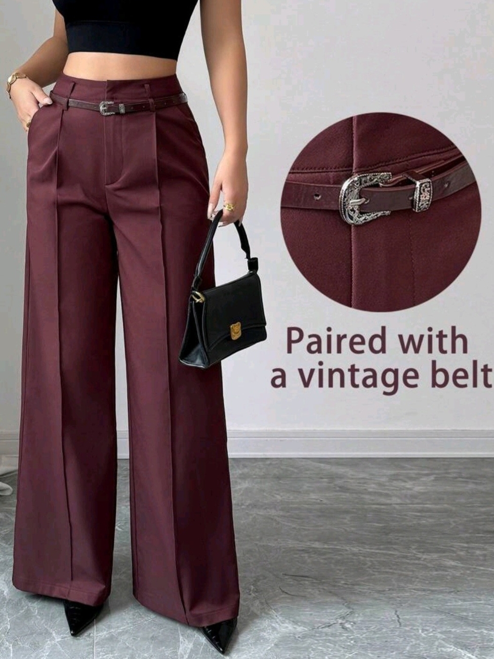 SHEIN Burgundy Wide Leg Trousers with Vintage Belt